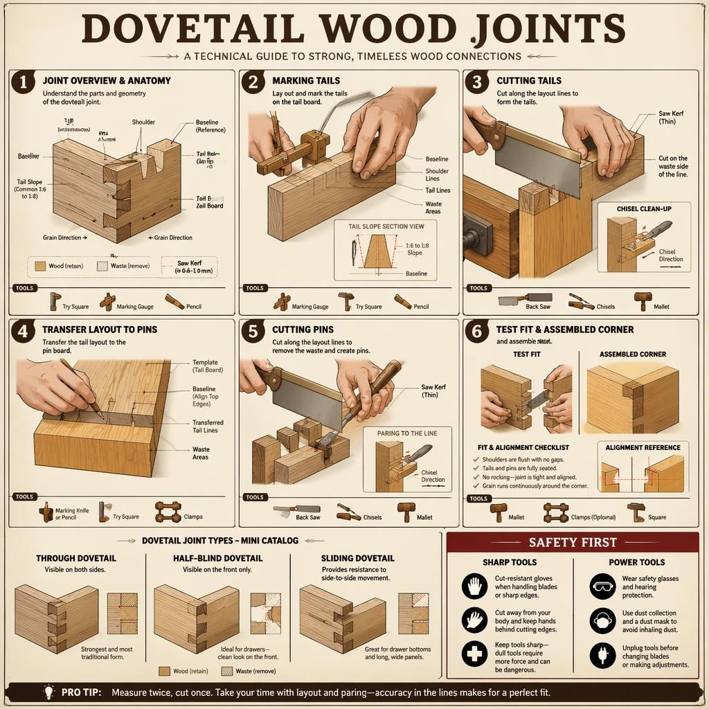 Printable DIY infographic board showing 6 dovetail wood joint steps, tool icons, callouts, safety tip, and joint legend.