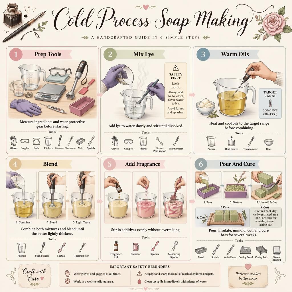 Pastel DIY infographic showing 6 numbered cold process soap making steps with hands, tools, arrows, captions, and icons.