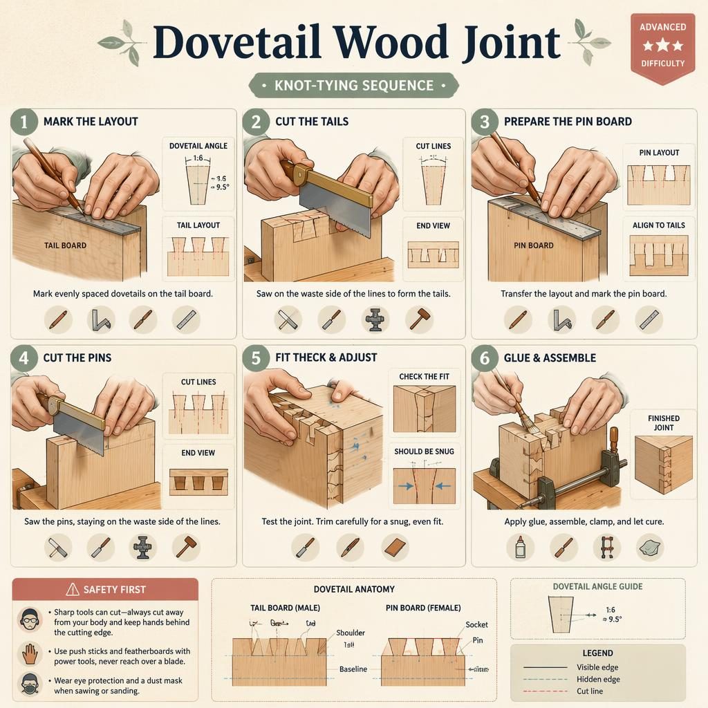 Pastel craft infographic showing 6 numbered steps for a dovetail wood joint with diagrams, hand positions, tool icons, labels, and safety tip.