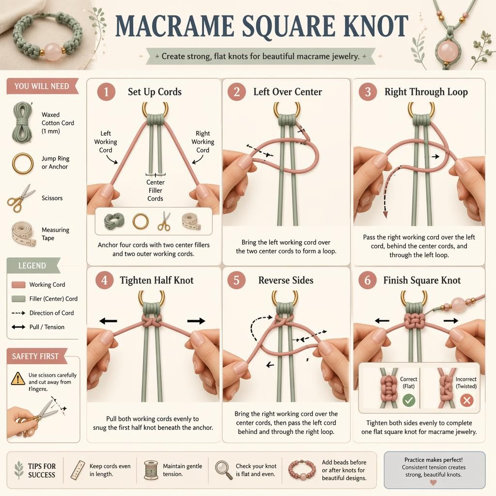 Pastellfarbene DIY-Infografik zeigt 6 nummerierte Schritte zum Makramee-Kreuzknoten mit Händen, Kordeln, Pfeilen und Werkzeugicons.