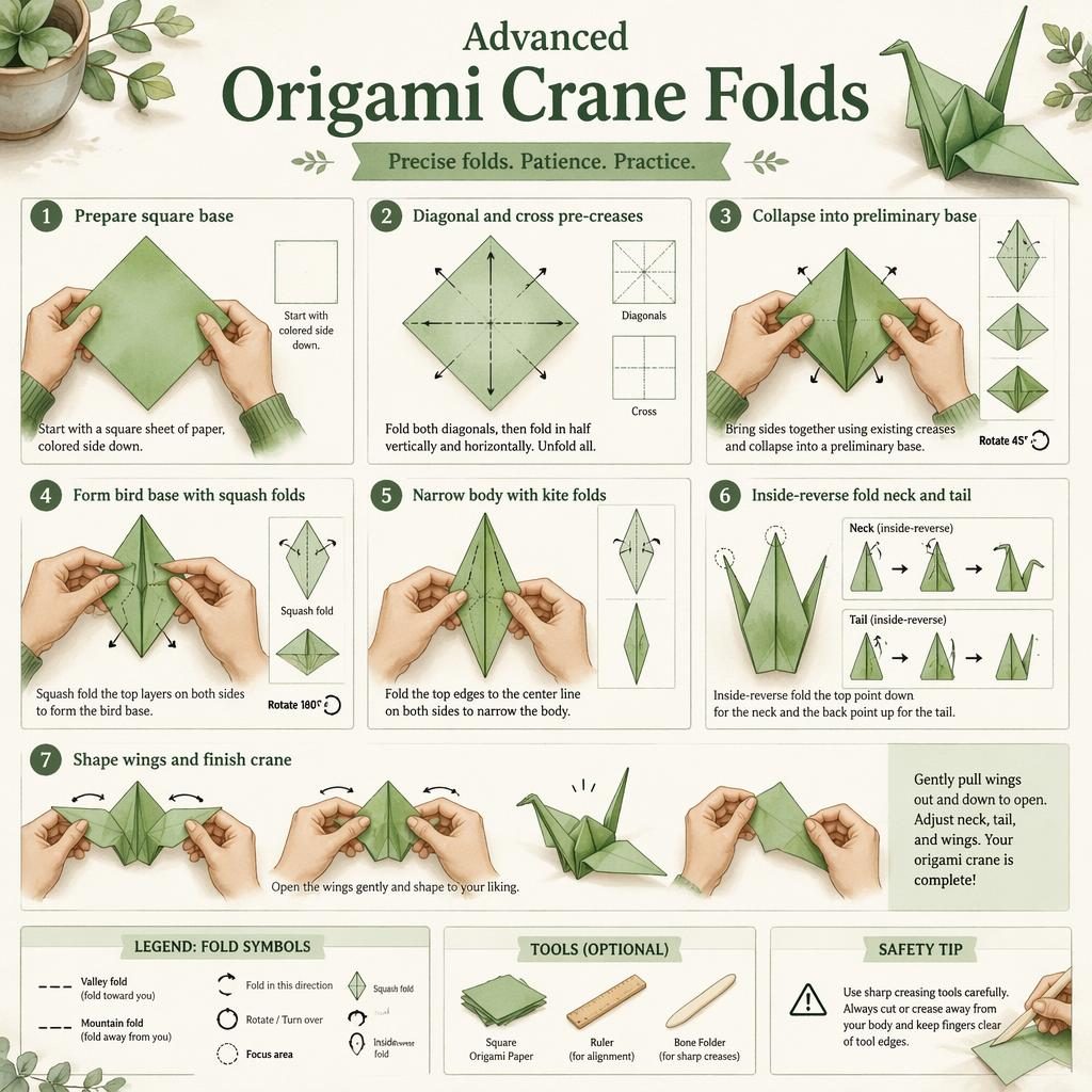 Watercolor craft infographic with 7 numbered steps for folding an origami crane, hands, fold arrows, legends, and tools.