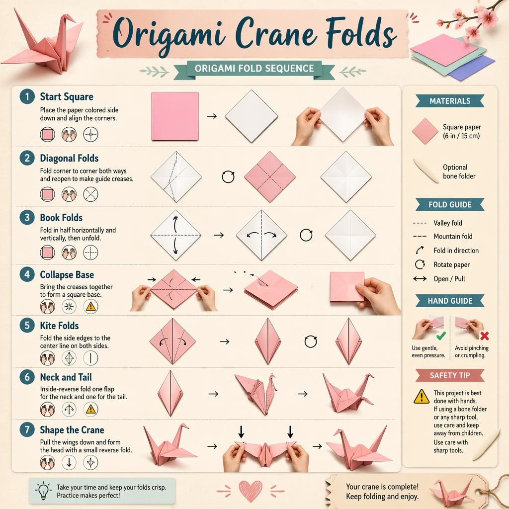 Pastel origami crane folds infographic with 7 numbered steps, fold diagrams, hand positions, arrows, captions, and materials legend.