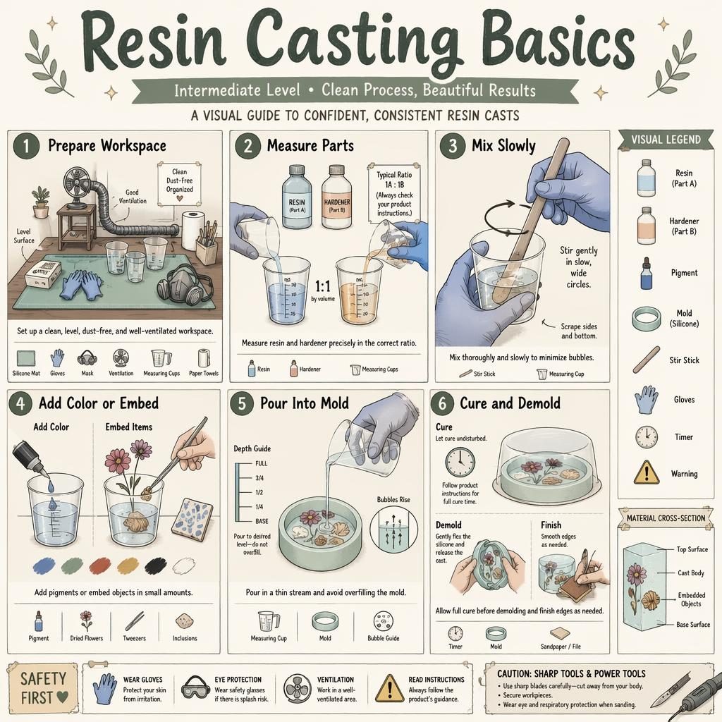 Sketchnote craft infographic with 6 numbered panels on resin casting basics, tools, safety icons, hands, and legend sidebar.