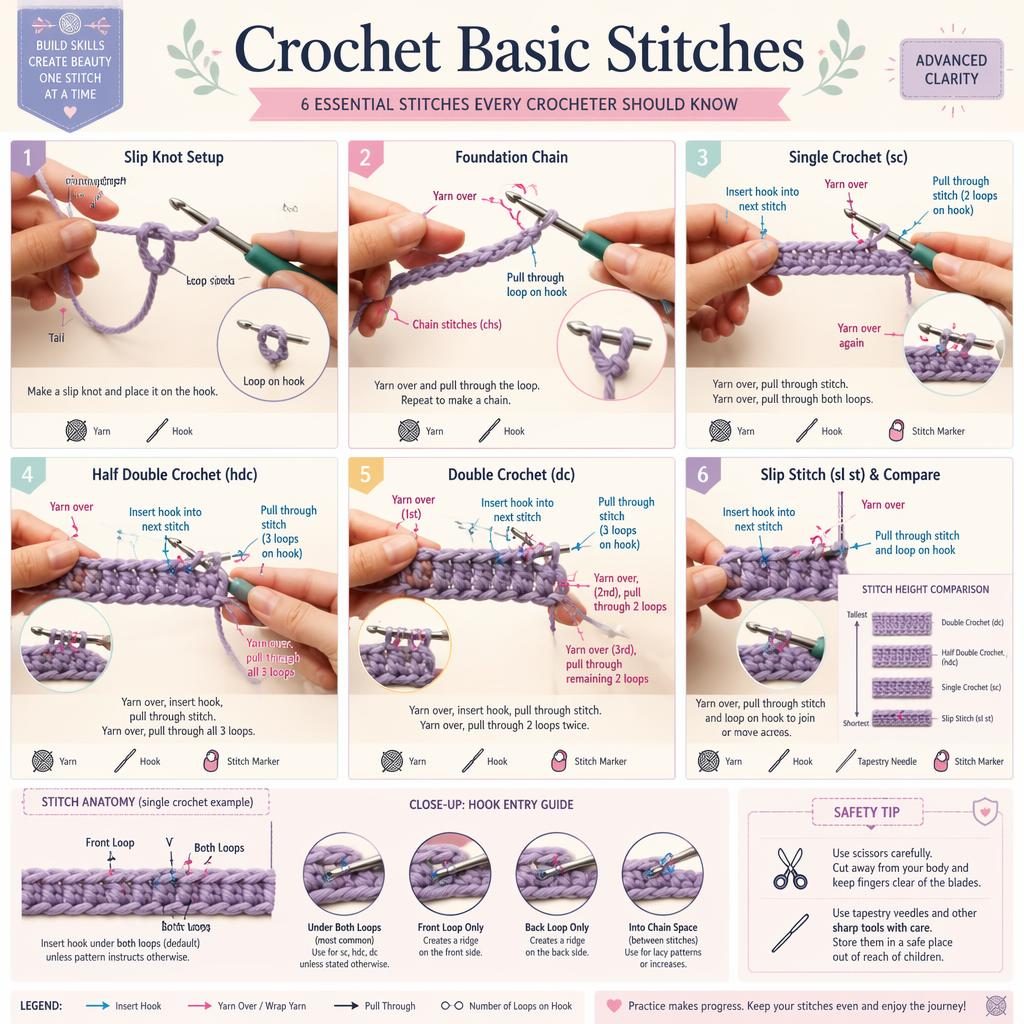 Pastel crochet infographic with 6 numbered panels showing slip knot, chain, single, half double, double crochet, and slip stitch