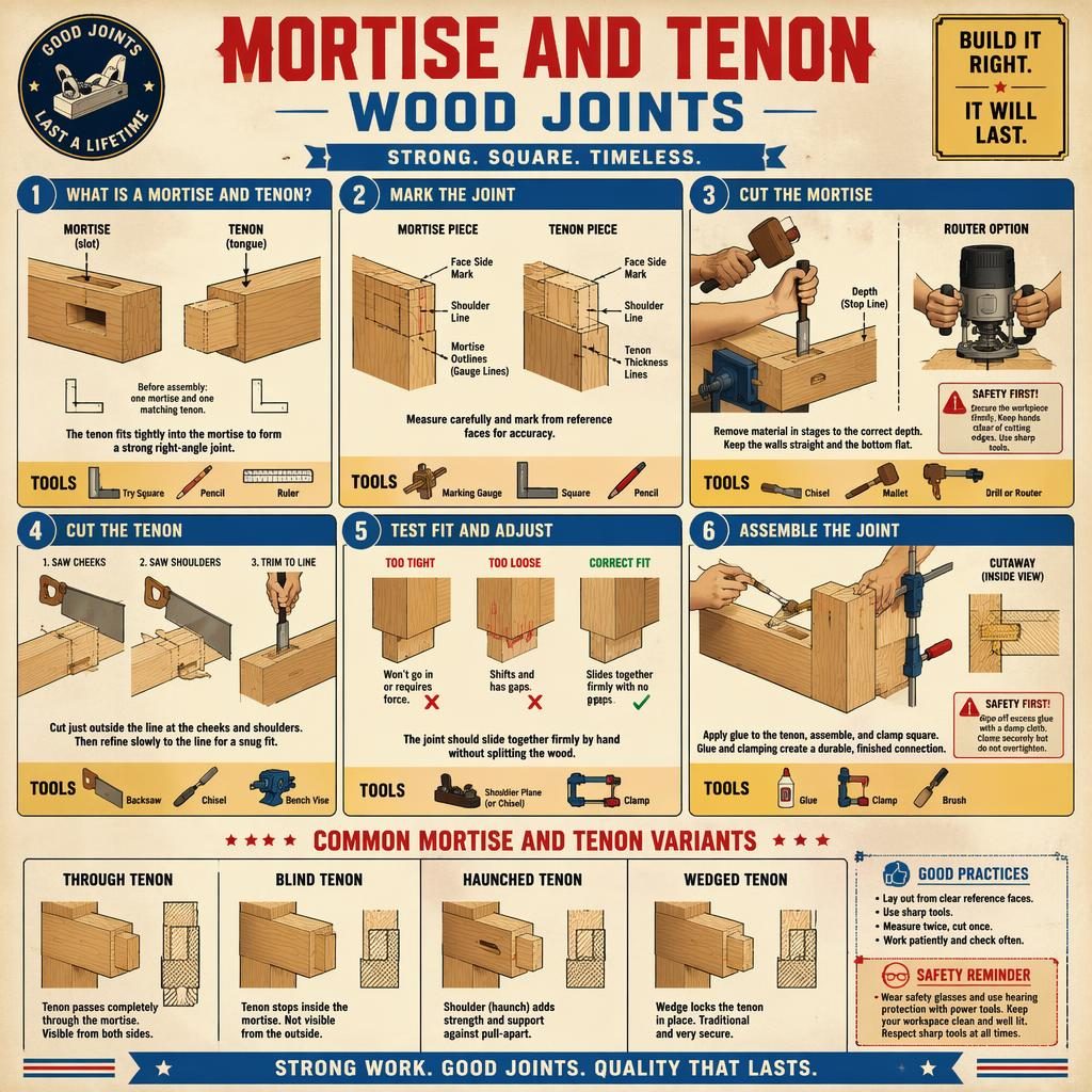 Vintage-style woodworking infographic with 6 panels showing mortise and tenon joint steps, tools, diagrams, safety notes.