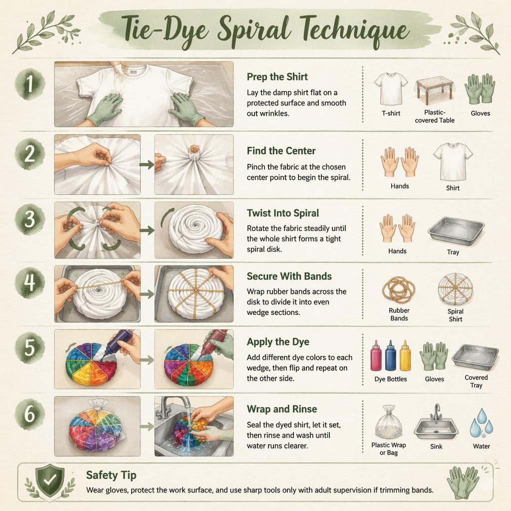 Vertikale DIY-Infografik mit 6 nummerierten Schritten zur Spiral-Tie-Dye-Technik, Hände, Symbole und Sicherheitshinweis.