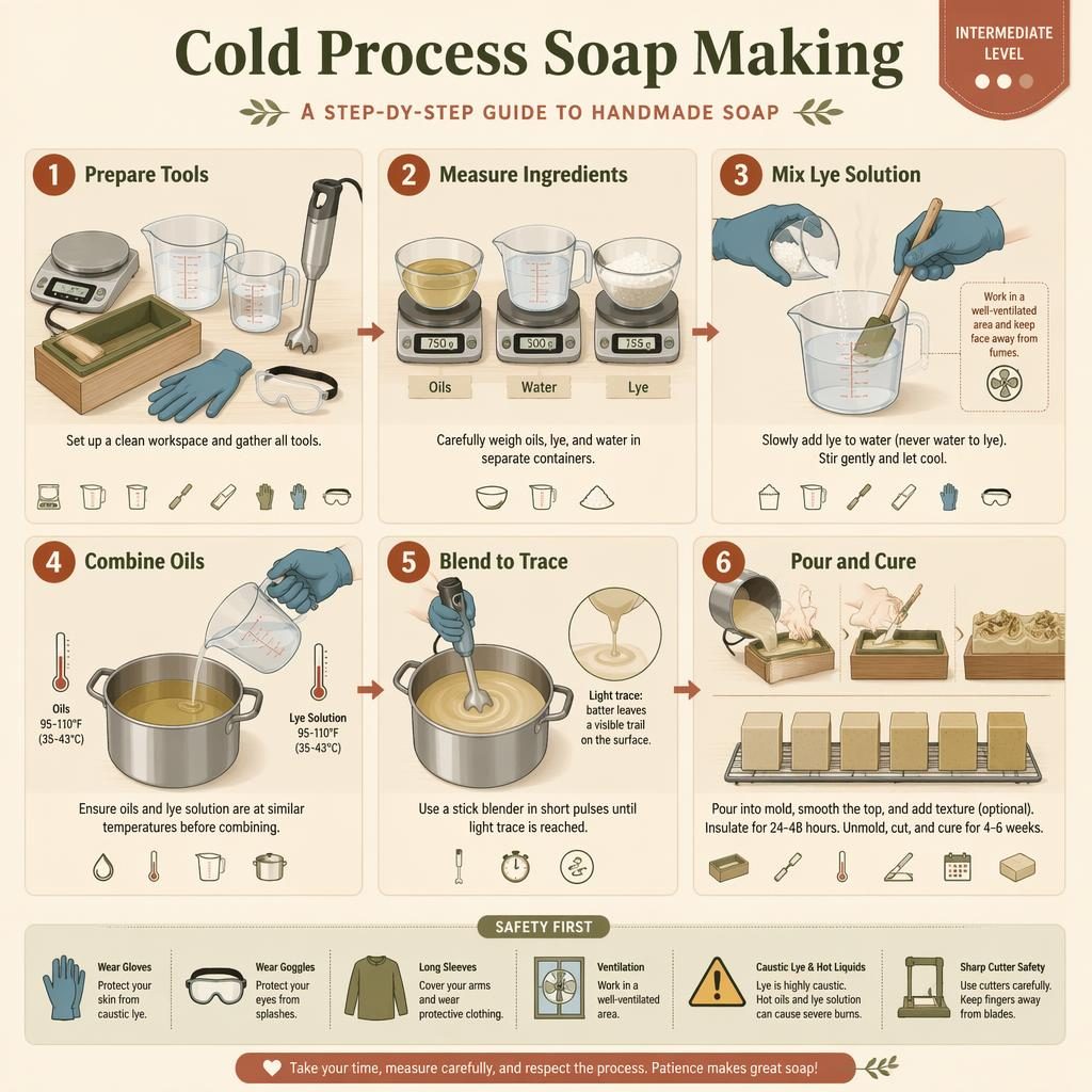 Minimal flat infographic showing 6 cold process soap making steps with tools, safety icons, numbered panels, and curing bars.