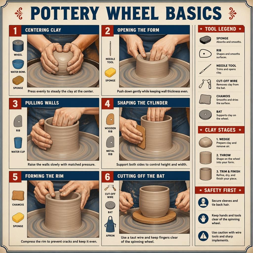 Vintage-style pottery wheel basics infographic with 6 numbered panels showing centering, opening, pulling walls, shaping, rim, and cut-off.