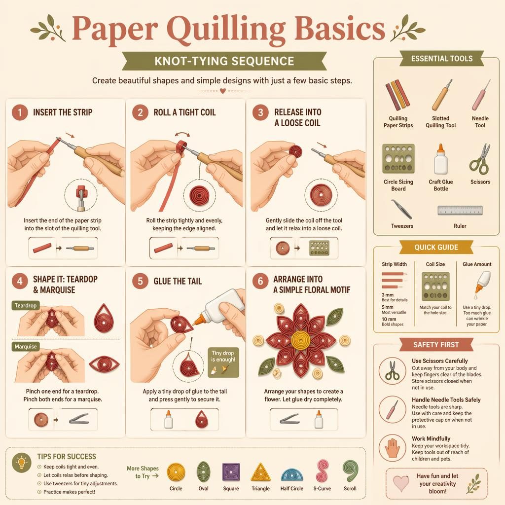 Beginner paper quilling infographic with 6 numbered steps, hands, tools, floral motif, and safety tip on beige background.