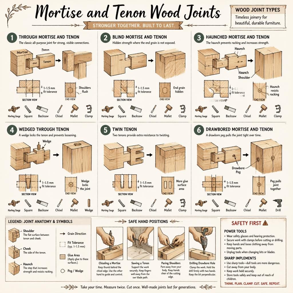 Sketchnote-style wood joints infographic with 6 mortise and tenon diagrams, tool icons, callouts, and safety panel.