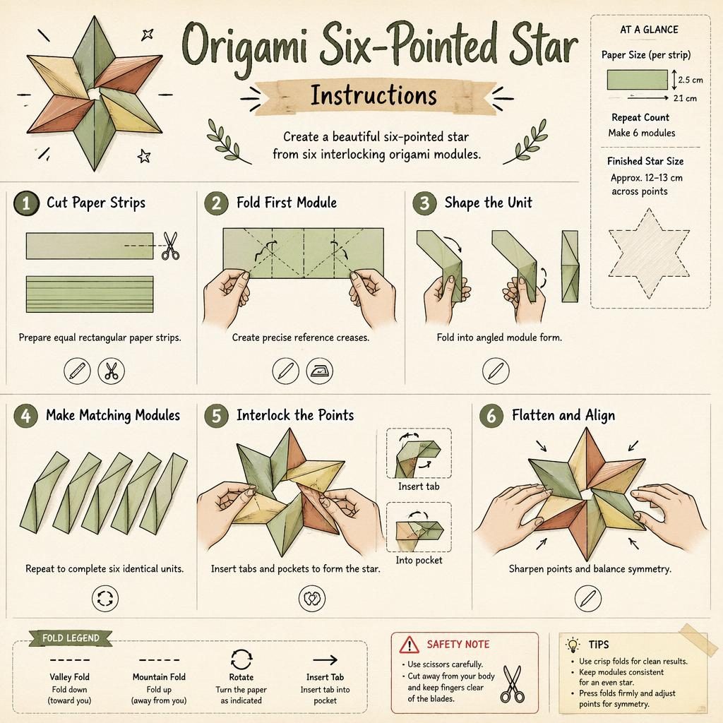 Sketchnote craft infographic showing 6 numbered steps to fold an origami six-pointed star with diagrams, hands, arrows, and legend.