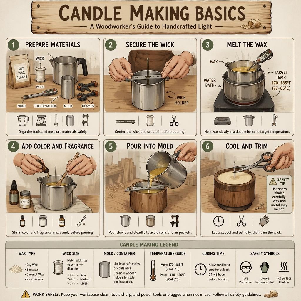 Sketchnote craft infographic with 6 numbered panels showing candle making basics in a woodworking workshop setting.