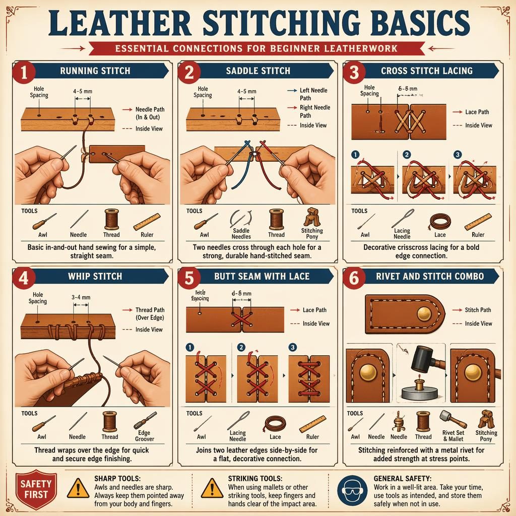 Vintage-style Leather Stitching Basics infographic with 6 numbered leather seam panels, tool icons, English labels, arrows, and safety note.