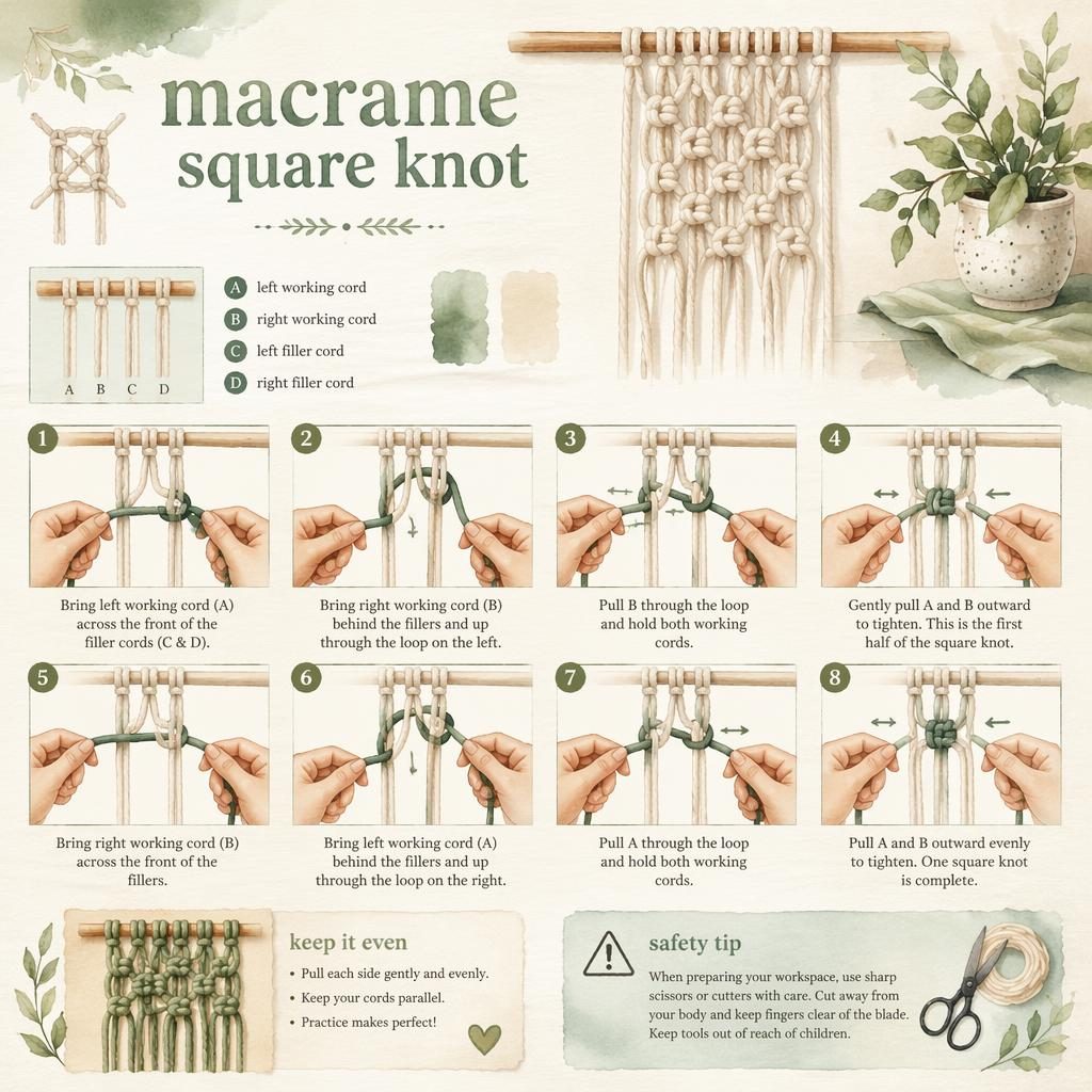 Watercolor DIY infographic showing hands tying a macrame square knot in sage and cream, with step-by-step knot sequence.