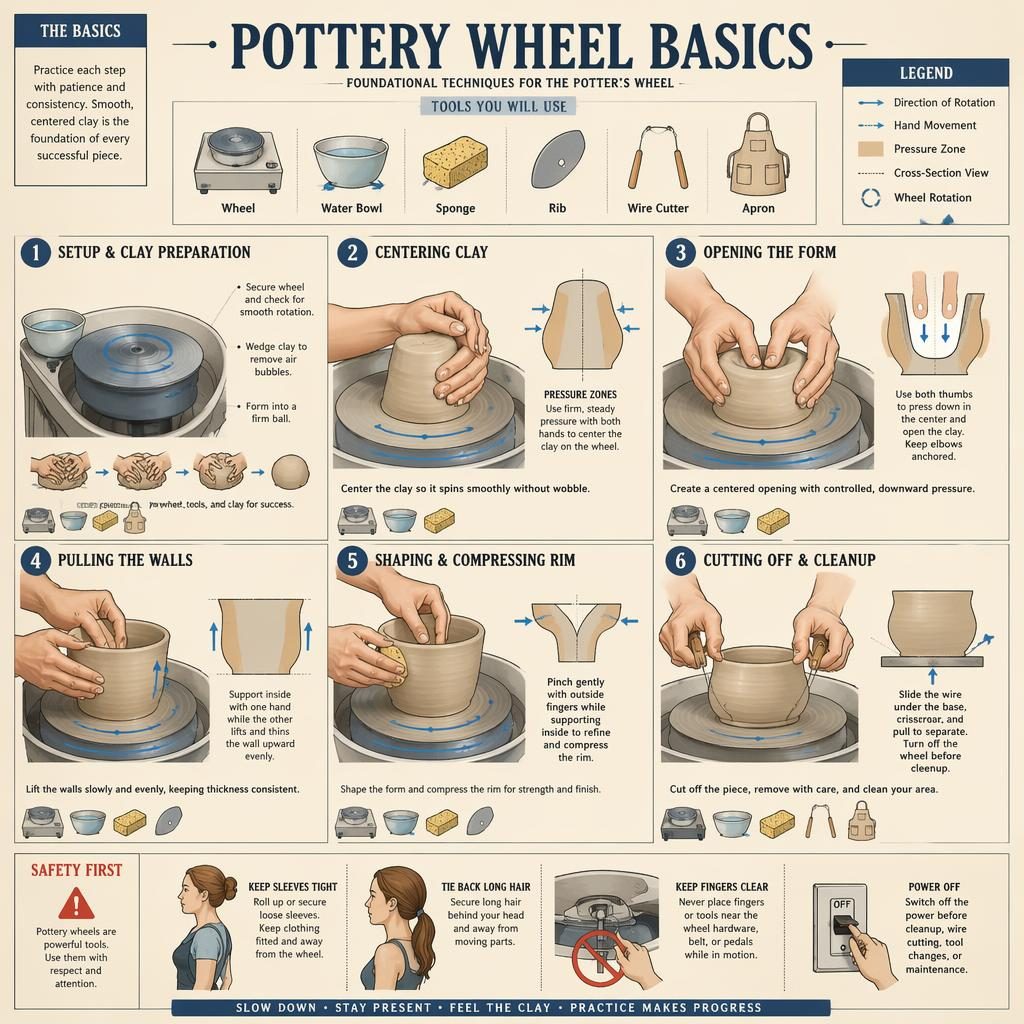 Infografik zur Töpferscheibe mit 6 nummerierten Schritten, Handpositionen, Querschnitten, Pfeilen, Werkzeug-Icons und Sicherheitstipps.