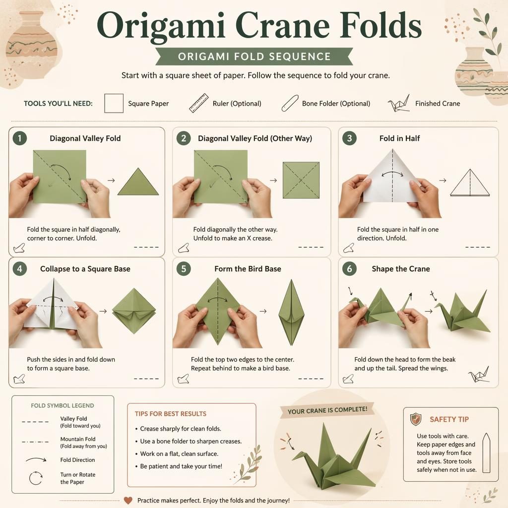 Beginner-friendly origami crane folding infographic with 6 numbered steps, hand diagrams, arrows, fold symbols, and tools.