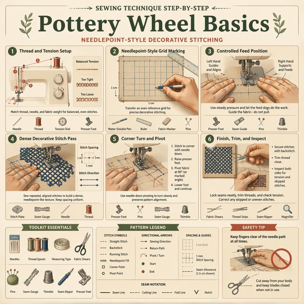 Muted earth-tone sewing infographic with 6 numbered steps, hand-position diagrams, tool icons, and pattern legend.