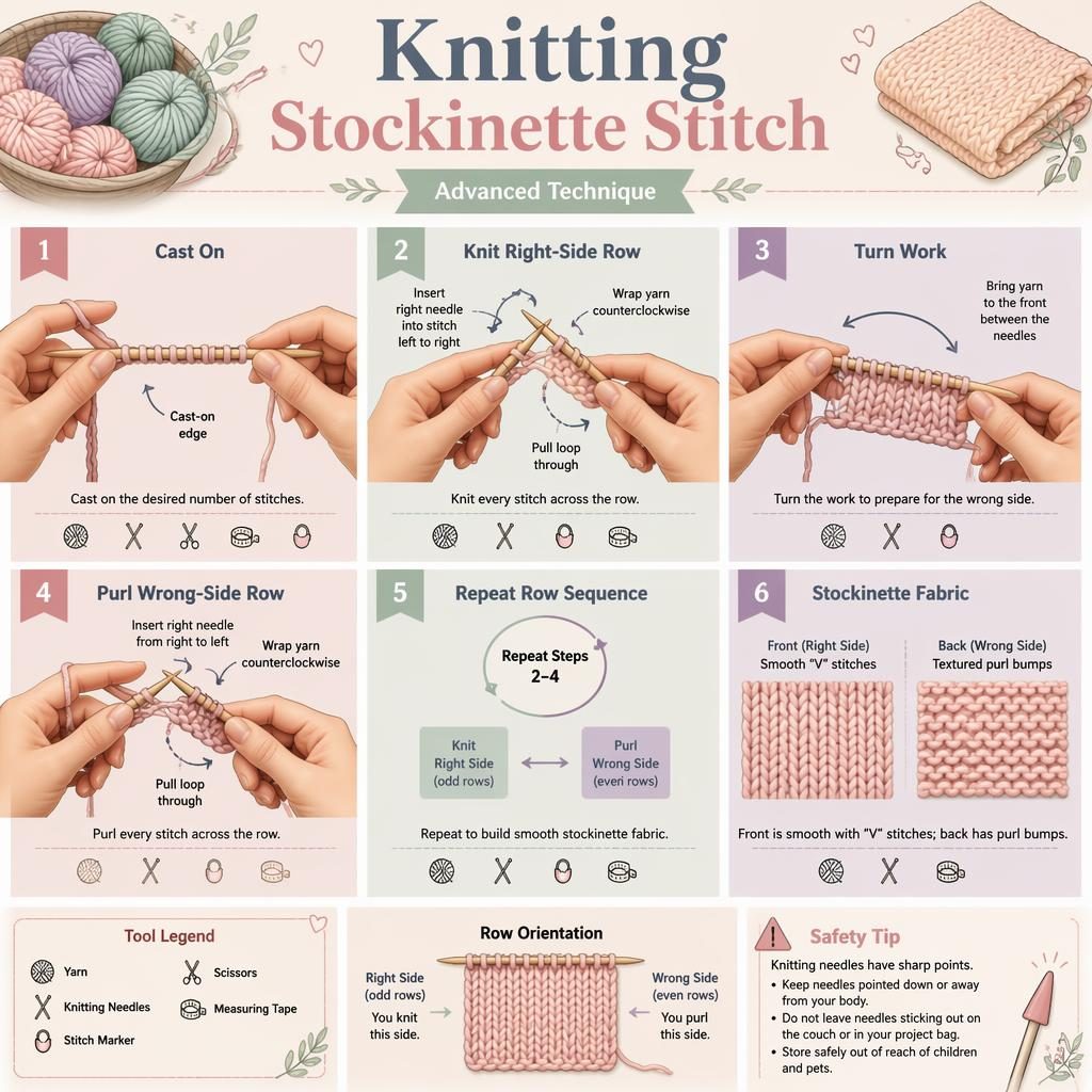 Pastel craft infographic with 6 numbered panels showing stockinette stitch steps, hands, yarn, straight needles, arrows, and tools.