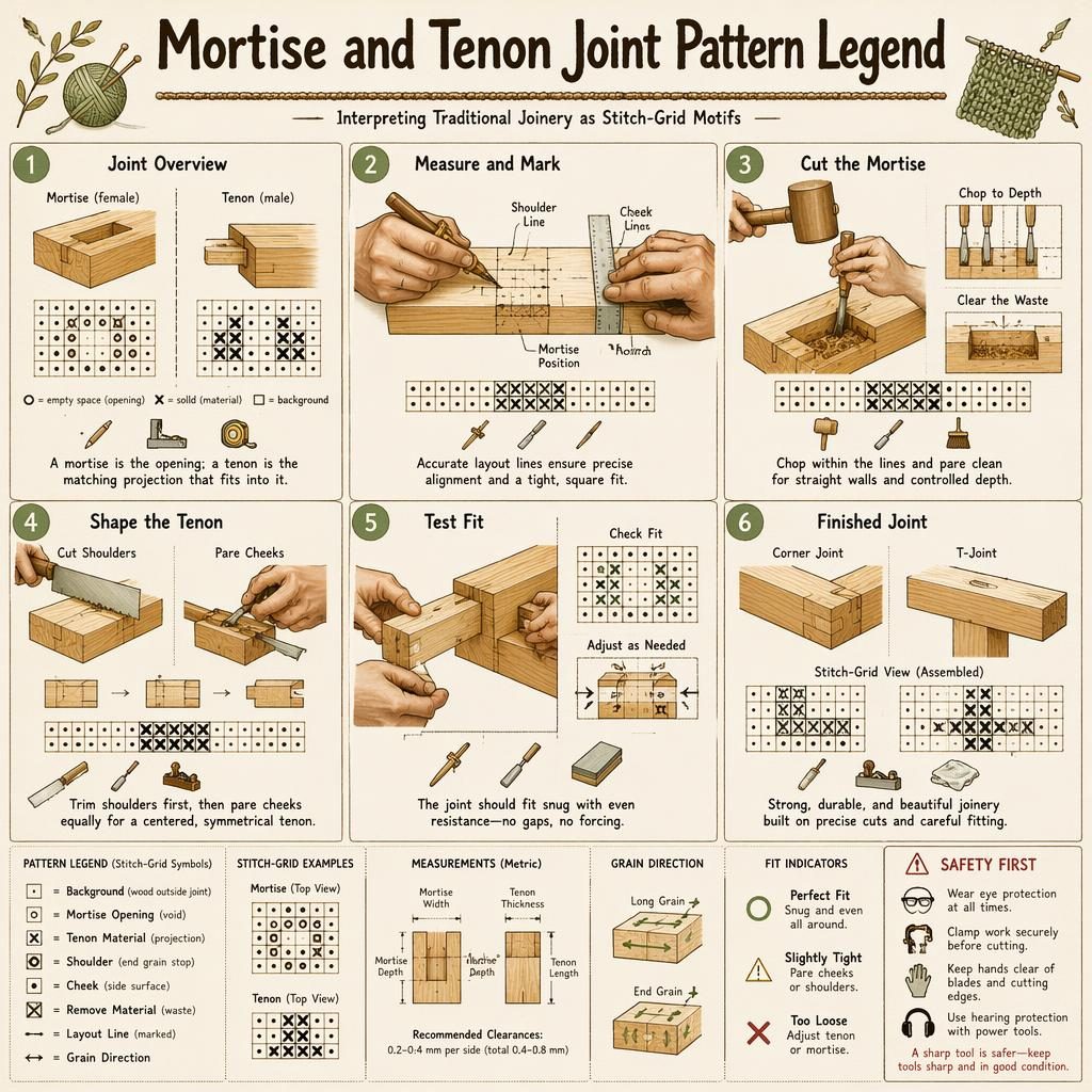Handgezeichnete DIY-Infografik mit 6 Schritten zur Zapfenverbindung im Maschenraster-Stil, Werkzeugicons und Legende.