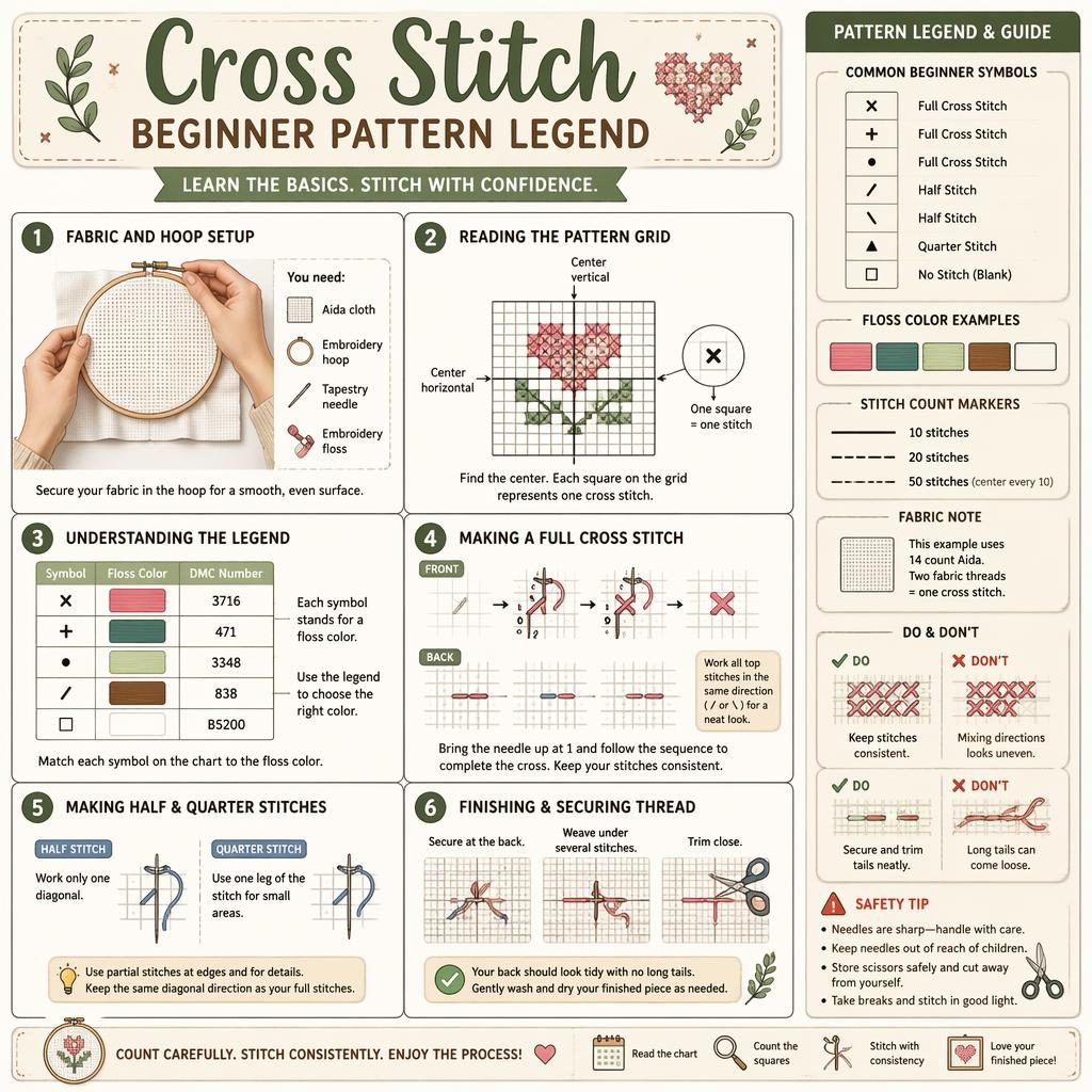 Sketchnote craft infographic showing 6 cross-stitch beginner steps, pattern legend, stitch grid, tools, symbols, and safety tips.