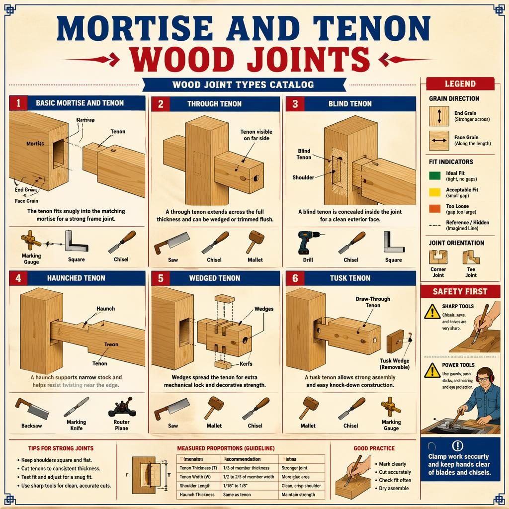 DIY-Infografik im Vintage-Katalogstil mit 6 nummerierten Tafeln zu Zapfen-und-Mortise-Holzverbindungen und Legende.