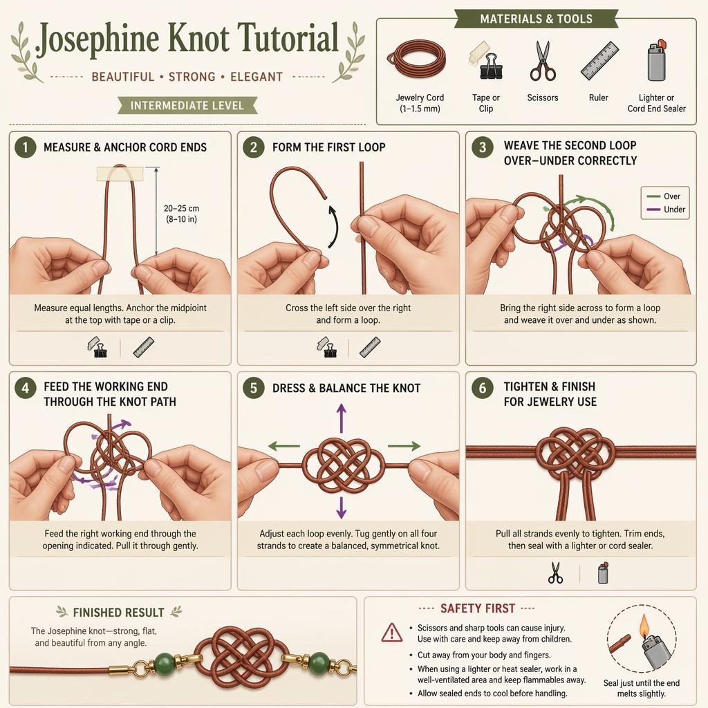 Minimal craft infographic showing 6 numbered steps to tie a Josephine knot with jewelry cord, tools, safety tips, and final knot.