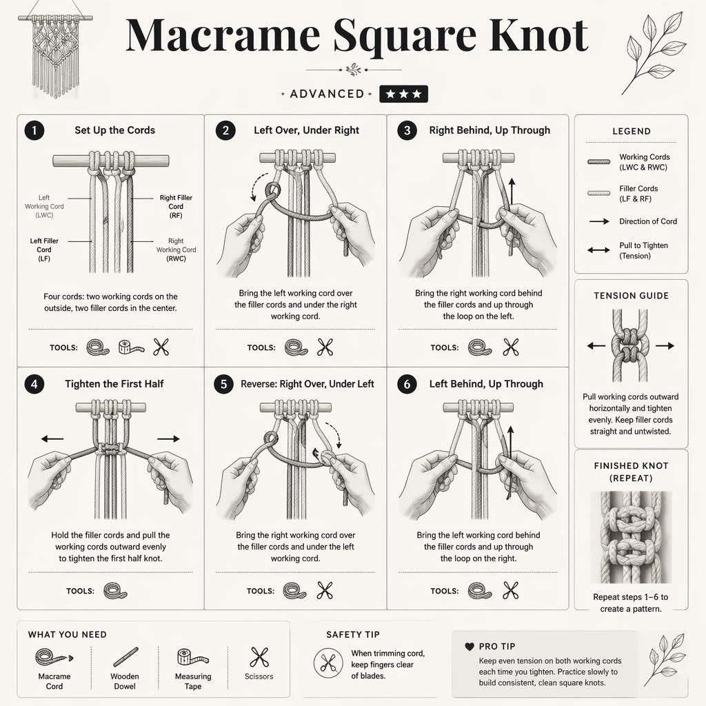 Infografía DIY monocroma de macramé con 6 pasos numerados para el nudo cuadrado, manos, flechas, leyenda y muestra final.