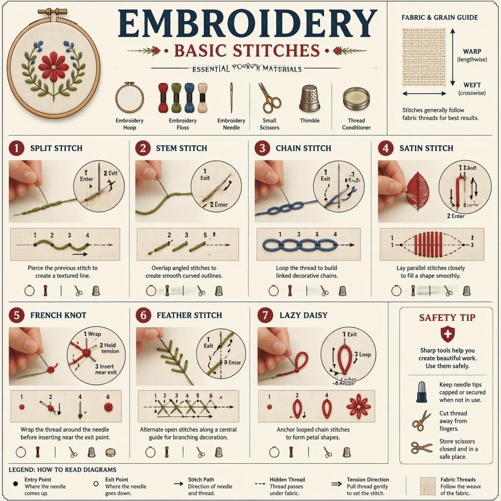 DIY-Infografik zu 7 Stickgrundstichen mit Händen, Stickrahmen, Nadel, Garn, Schere, Symbolen und englischen Beschriftungen.