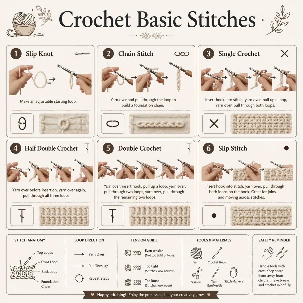 Monochrome crochet basic stitches infographic with 6 numbered panels, hand diagrams, stitch symbols, legend, and tool icons.
