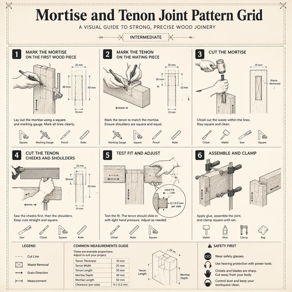 Monochrome DIY infographic showing 6 numbered mortise and tenon steps with tool icons, measurements, arrows, and safety notes.