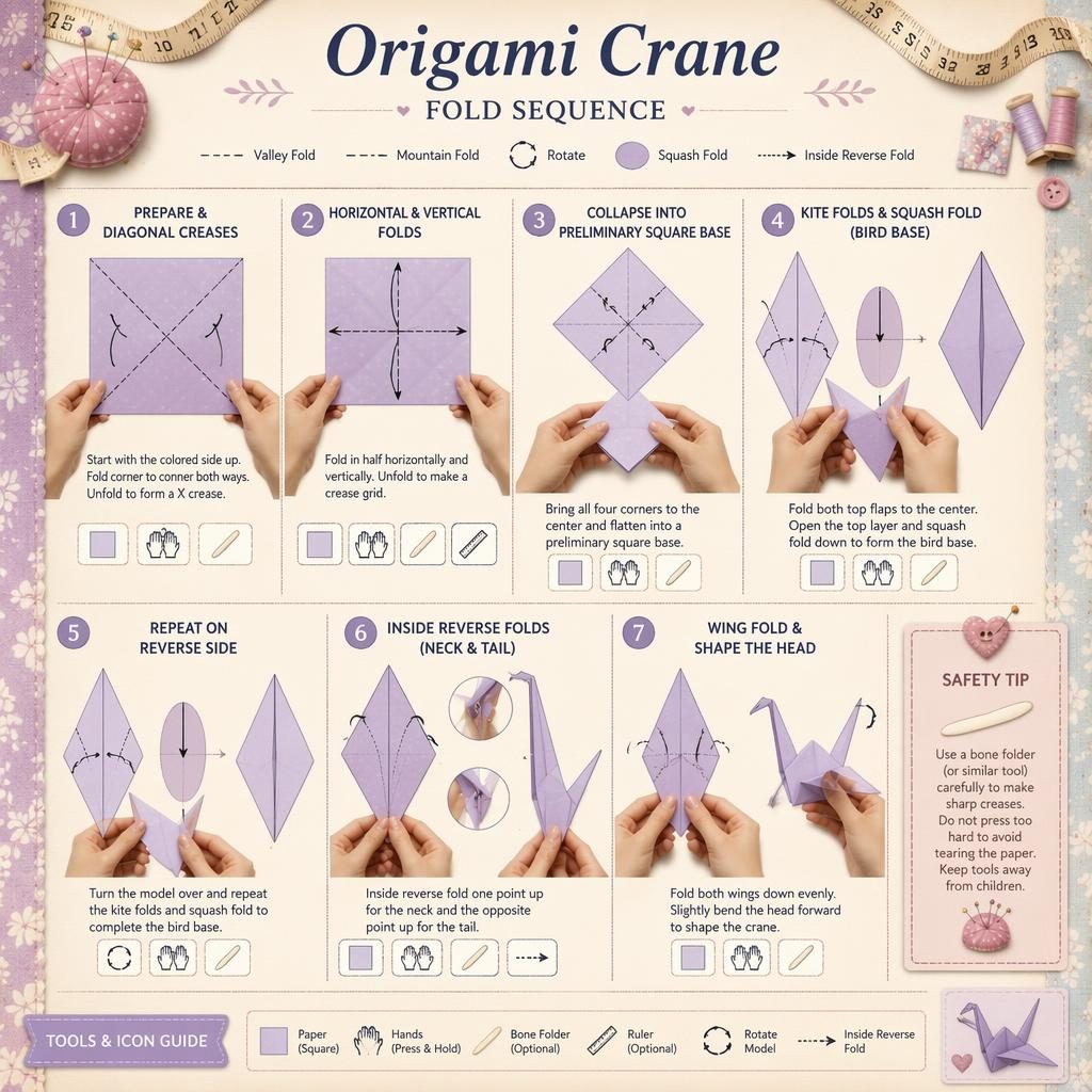 Pastellfarbene DIY-Infografik mit 7 nummerierten Schritten zum Falten eines Origami-Kranichs aus Papier.