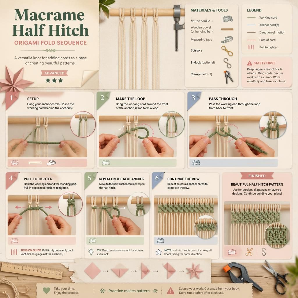Pastellfarbene DIY-Infografik mit 6 nummerierten Schritten zum Makramee Half Hitch, Händen, Kordeln, Pfeilen und Werkbank-Details.