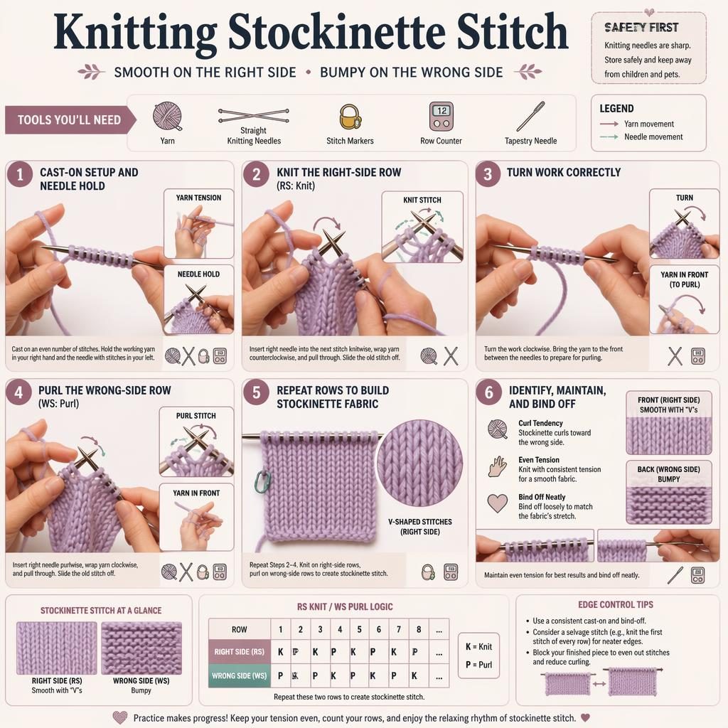 Pastel craft infographic showing 6 numbered steps for knitting stockinette stitch with needles, yarn, icons, and diagrams.