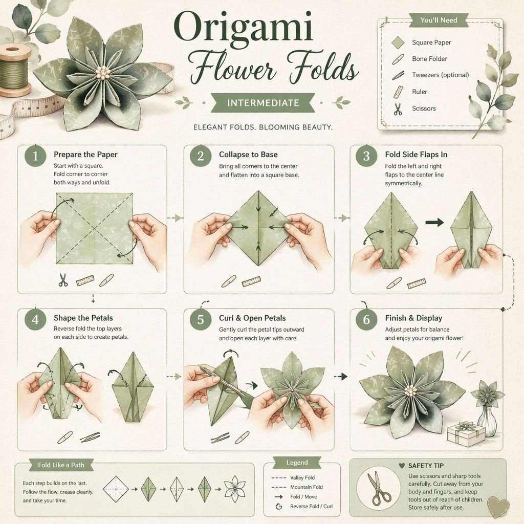 Watercolor craft infographic showing 6 numbered origami flower folds with hands, arrows, tool icons, and safety tip.