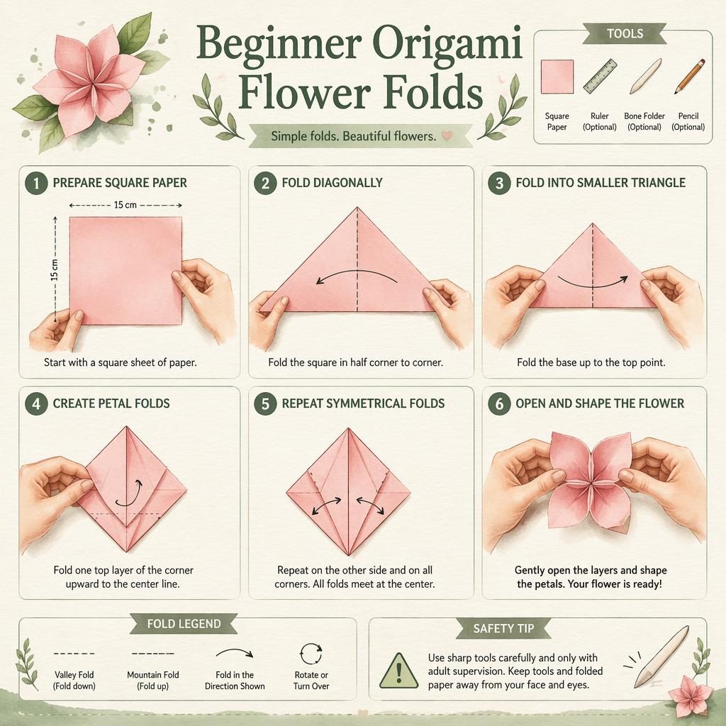 Aquarell-Infografik mit 6 nummerierten Schritten zum Falten einer einfachen Origami-Blume, Hände, Pfeile und Faltsymbole.