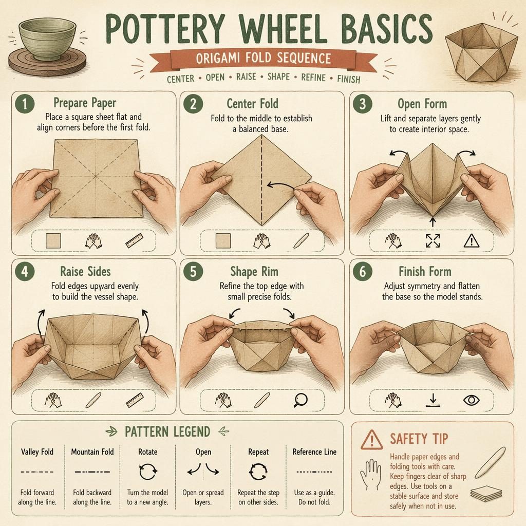 Sketchnote craft infographic poster with 6 numbered paper-fold steps, origami legend, tool icons, and safety tip.