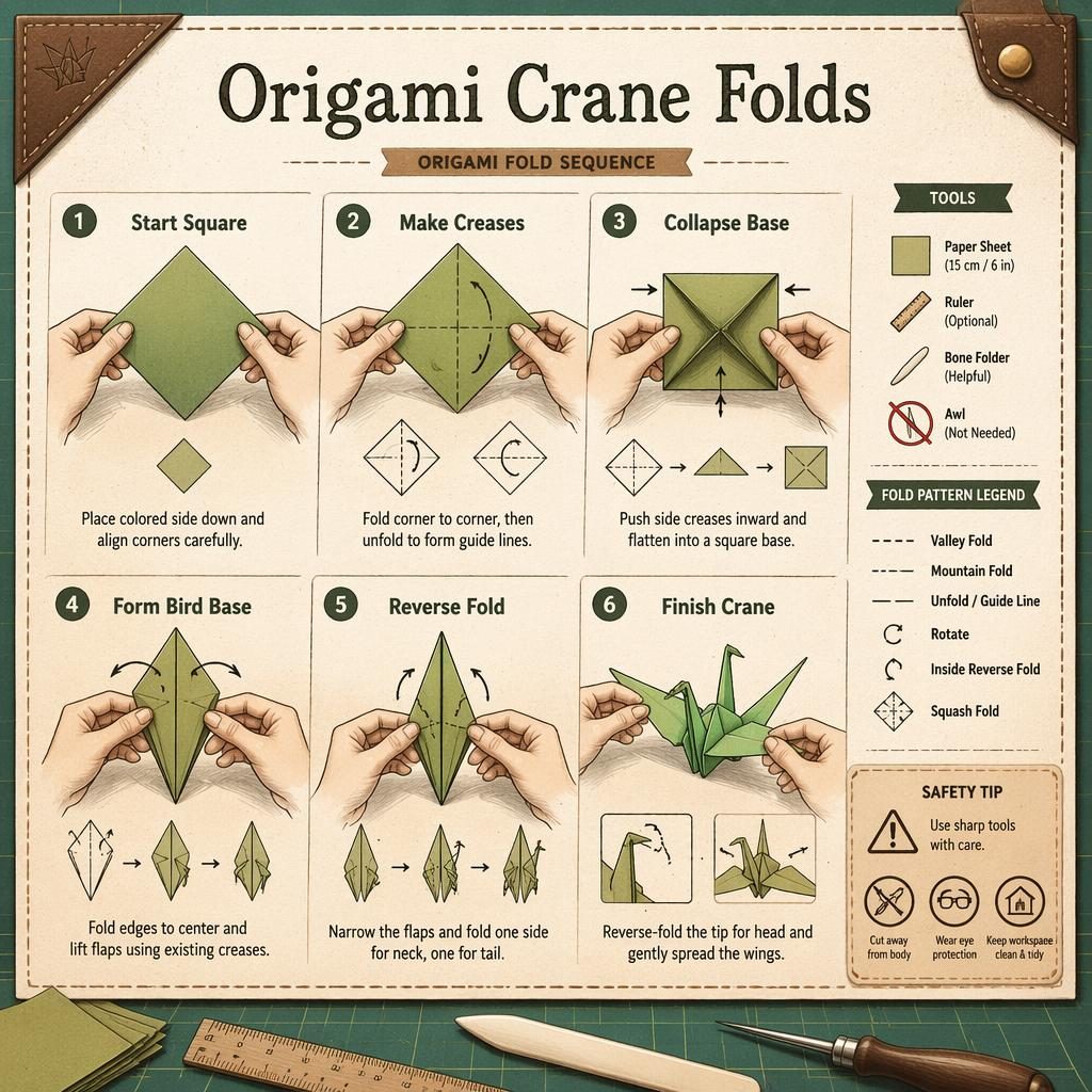Sketchnote origami crane folding infographic with 6 numbered steps, hand diagrams, fold legend, tool icons, and safety panel.