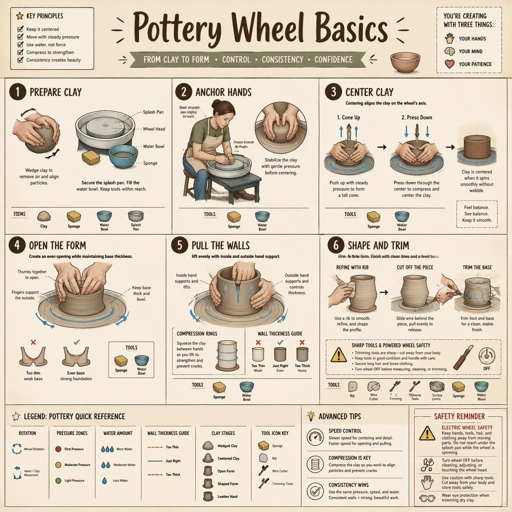 Sketchnote-Infografik mit 6 Schritten zum Töpfern an der Drehscheibe, Handpositionen, Pfeilen, Legende und Sicherheitshinweisen.