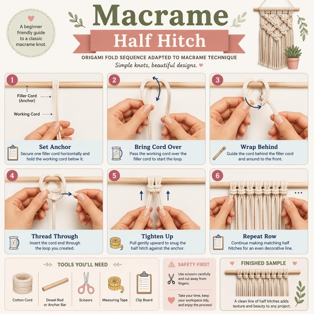 Beginner macrame half hitch infographic with 6 numbered steps, hand diagrams, arrows, pastel panels, tool icons, and final swatch.