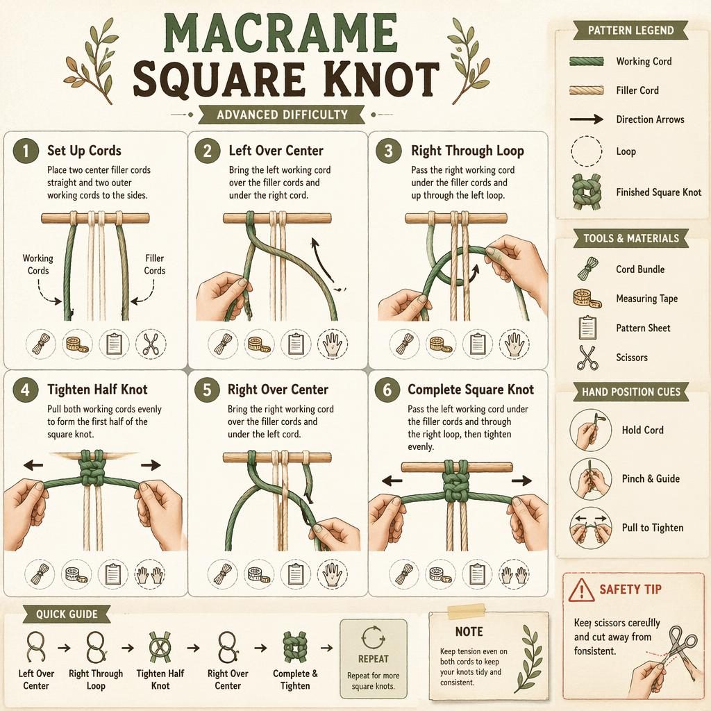 DIY infographic showing 6 numbered steps for a macrame square knot with hand diagrams, cord path arrows, legend, and tool icons.