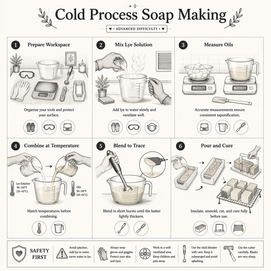 Monochrome 6-panel infographic on cold process soap making with tools, safety steps, hand diagrams, and cure process.