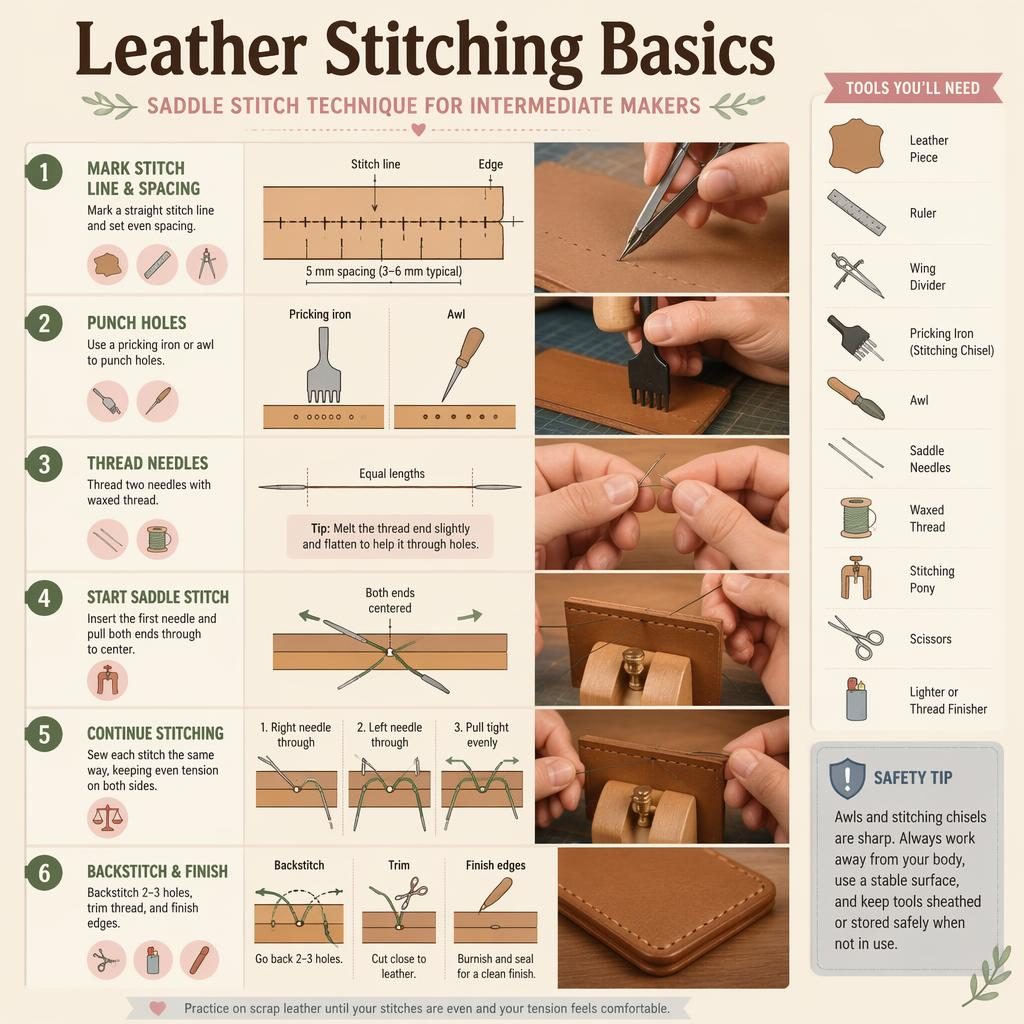 Pastel craft infographic showing 6 leather stitching basics steps with diagrams, tools, hand positions, and safety tip.
