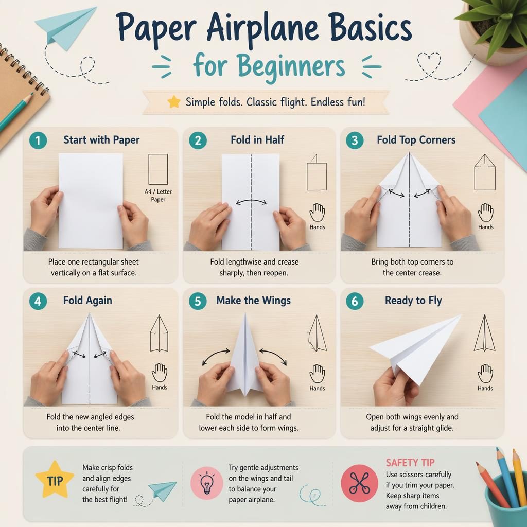 Pastel DIY infographic shows 6 numbered steps on making a paper airplane with fold diagrams, arrows, hand icons, and English labels.