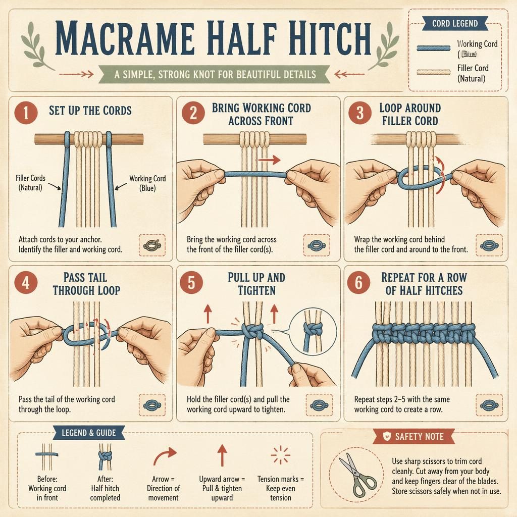 Six-step macrame half hitch infographic with hands, cord diagrams, arrows, icons, and muted vintage craft colors.