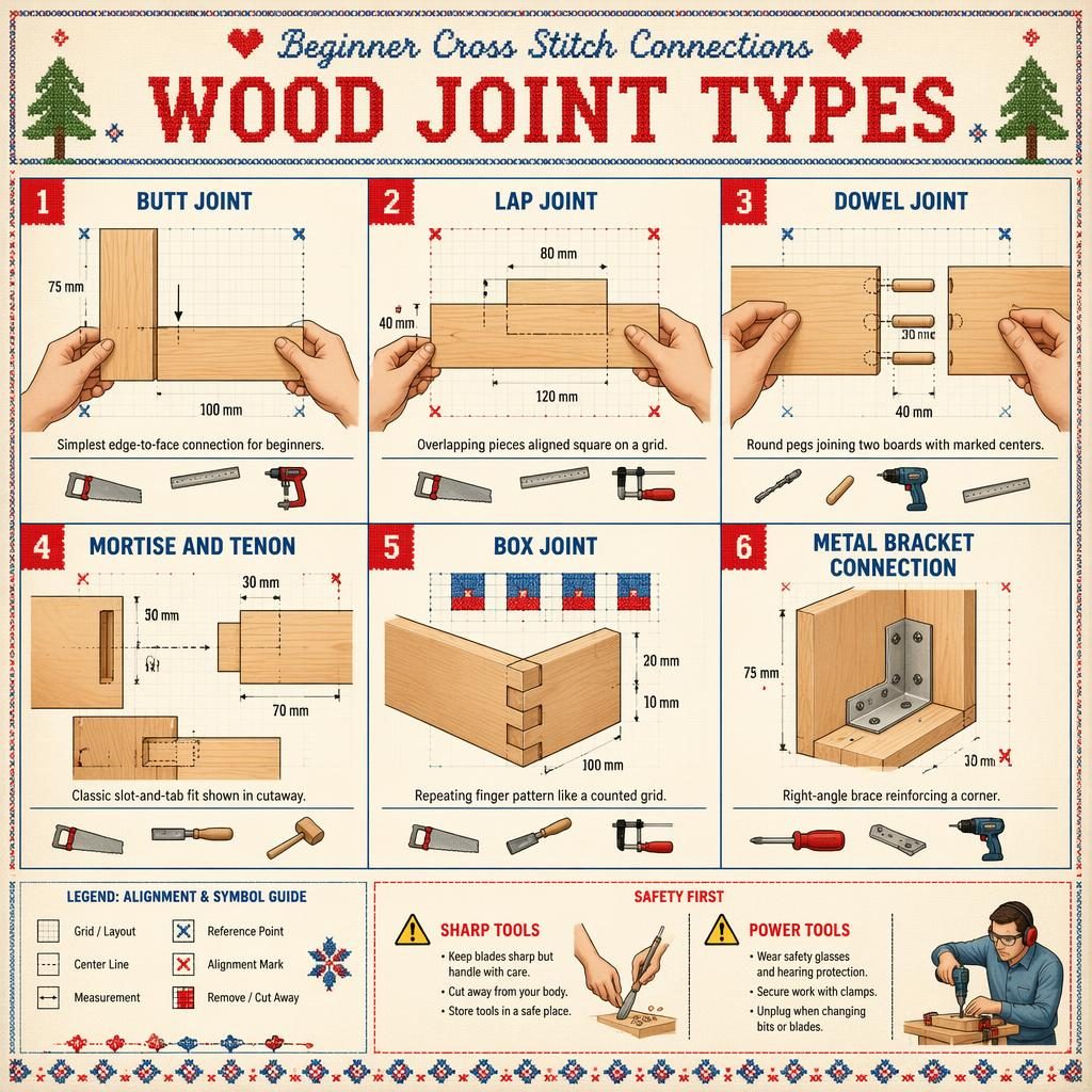 Vintage-style infographic shows 6 numbered wood joint panels, tool icons, measurement arrows, grids, and a safety tip.