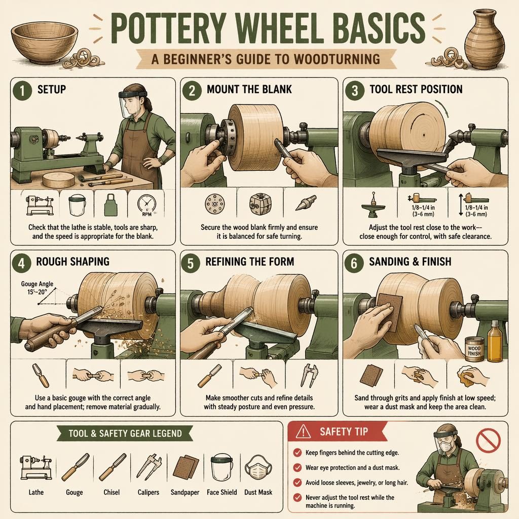 DIY infographic poster with 6 numbered woodturning panels, tool icons, legend, and safety tip in a muted earth palette.