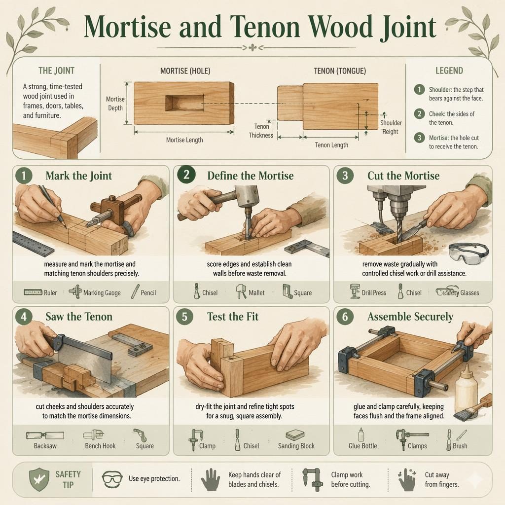 Watercolor DIY infographic with 6 numbered steps showing hands making a mortise and tenon wood joint, tools, labels, and safety tips.