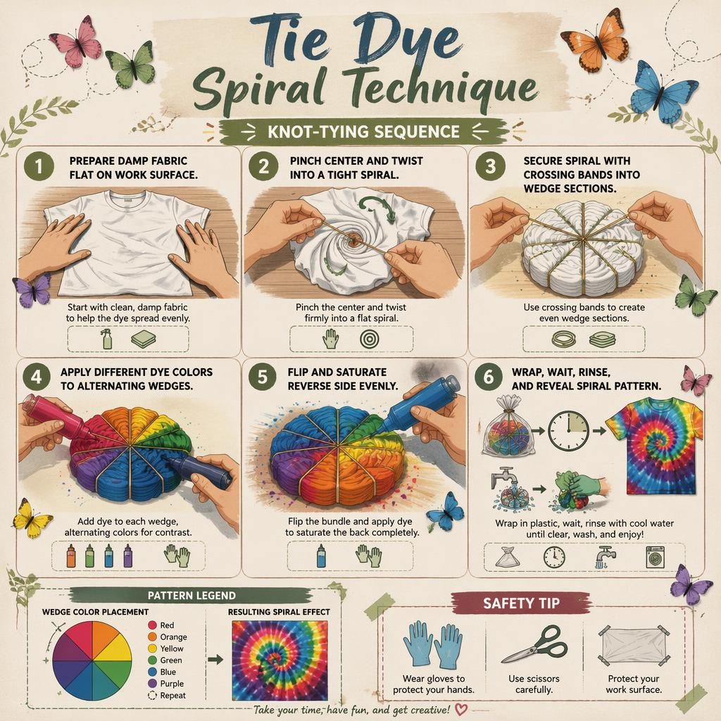 Sketchnote-Infografik zur Tie-Dye-Spiraltechnik mit 6 nummerierten Schritten, Händen, Werkzeugicons und Papier-Schmetterlingen.