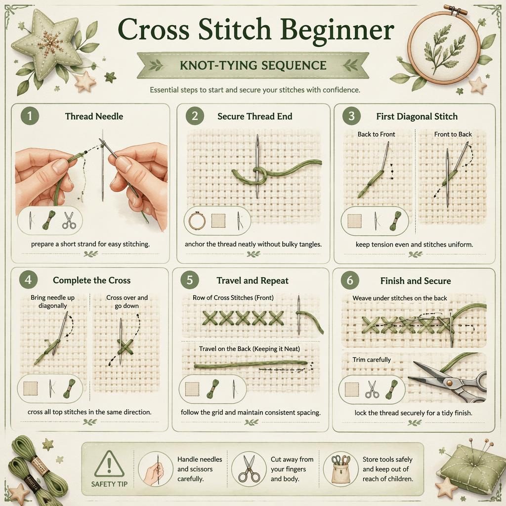 Aquarell-Infografik mit 6 nummerierten Schritten zum Kreuzstich für Anfänger, Hände, Stoffgitter, Pfeile, Icons und Sicherheitstipp.