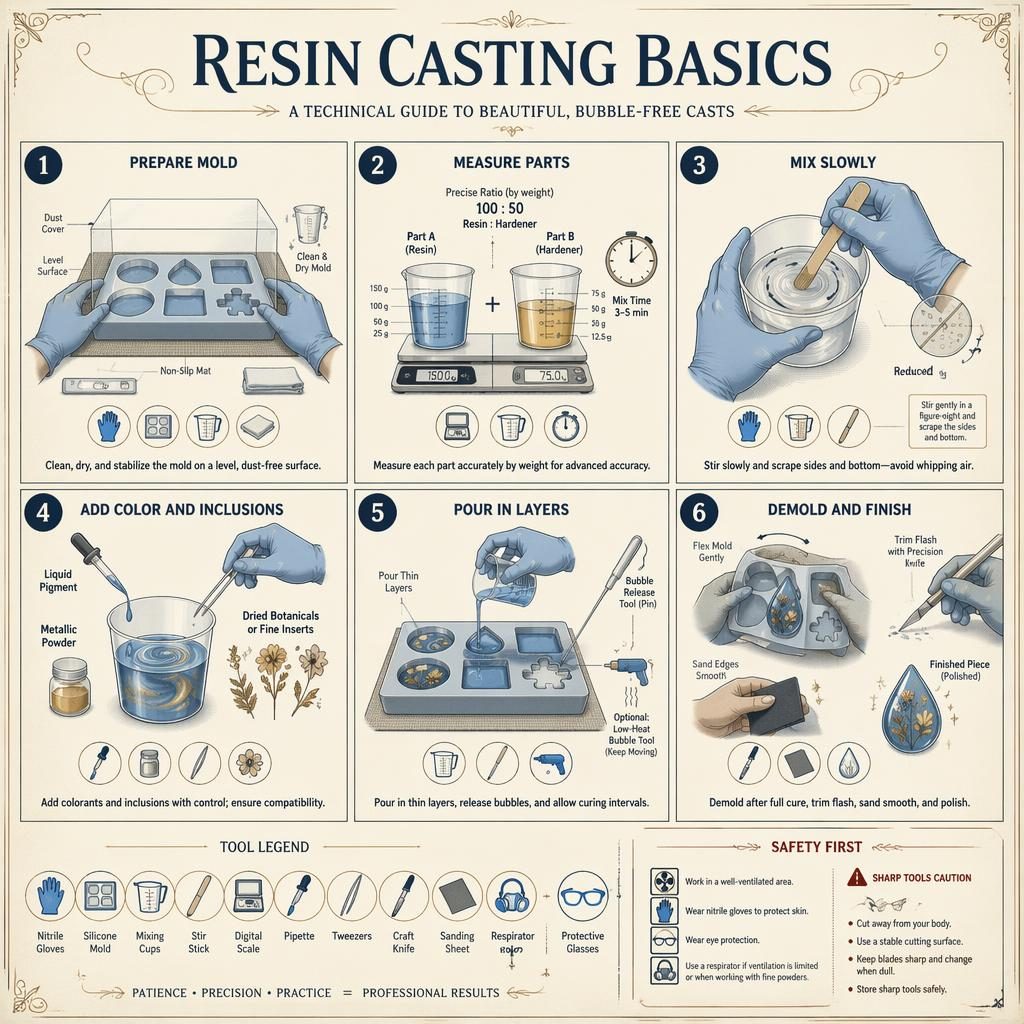 Technical craft infographic showing 6 numbered resin casting steps, tool icons, safety panel, and hands in use.